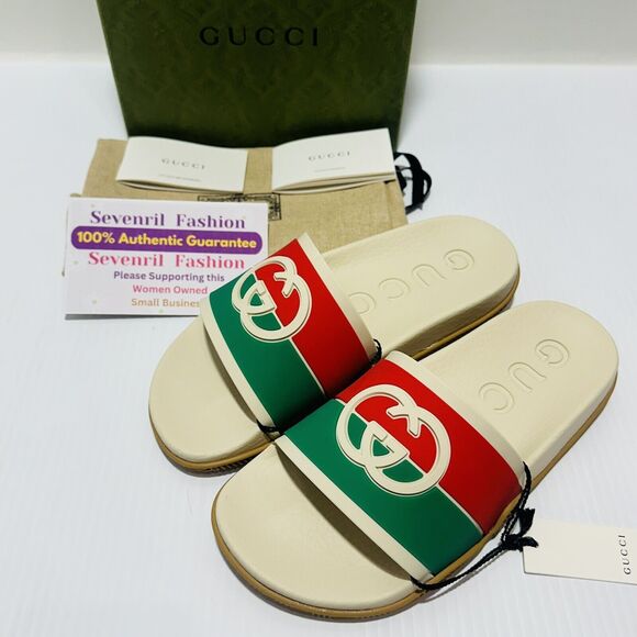 Gucci Slide Size 37/ US 7 Interlocking GG Logo Ivory Green Red Rubber NIB $420 - Picture 2 of 6
